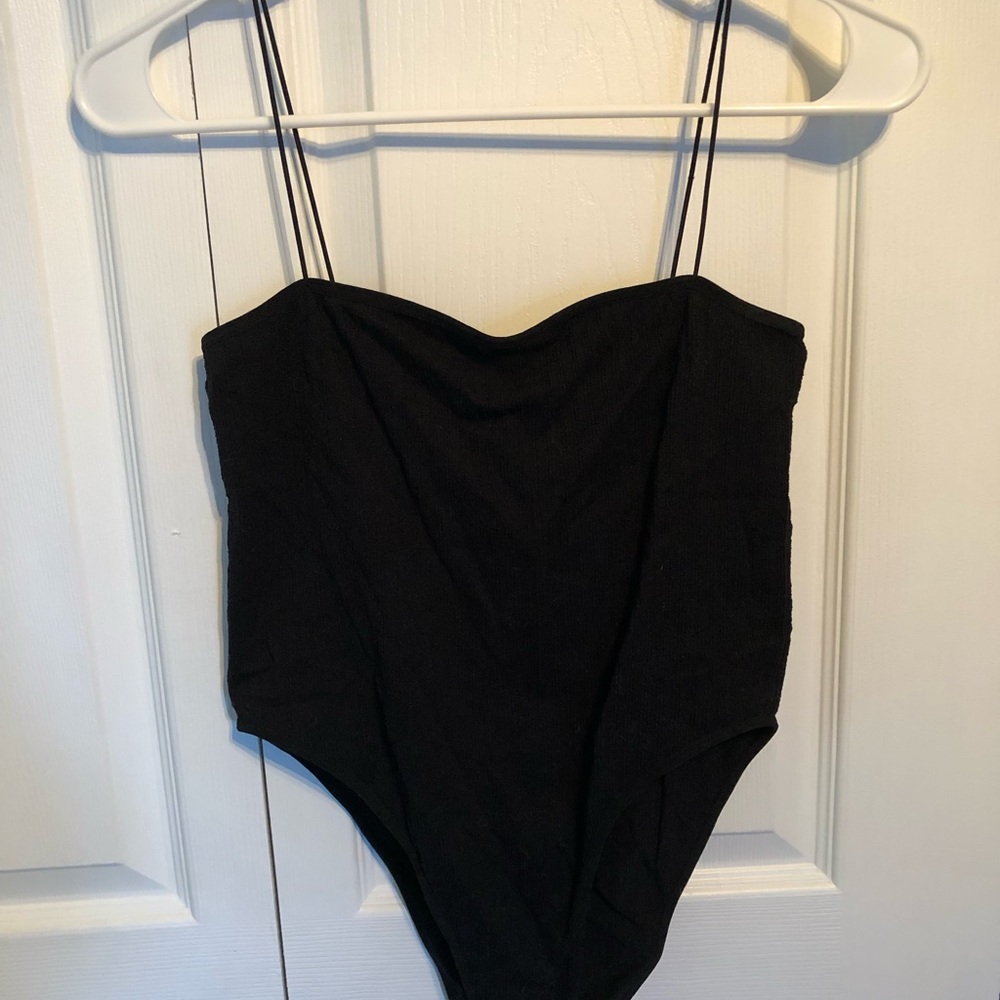 Black ribbed spaghetti strap bodysuit